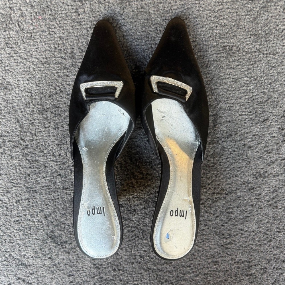 Impo Wind Black Satin Pointed Toe Mule Kitten Heels Silver Buckle Womens 7.5M